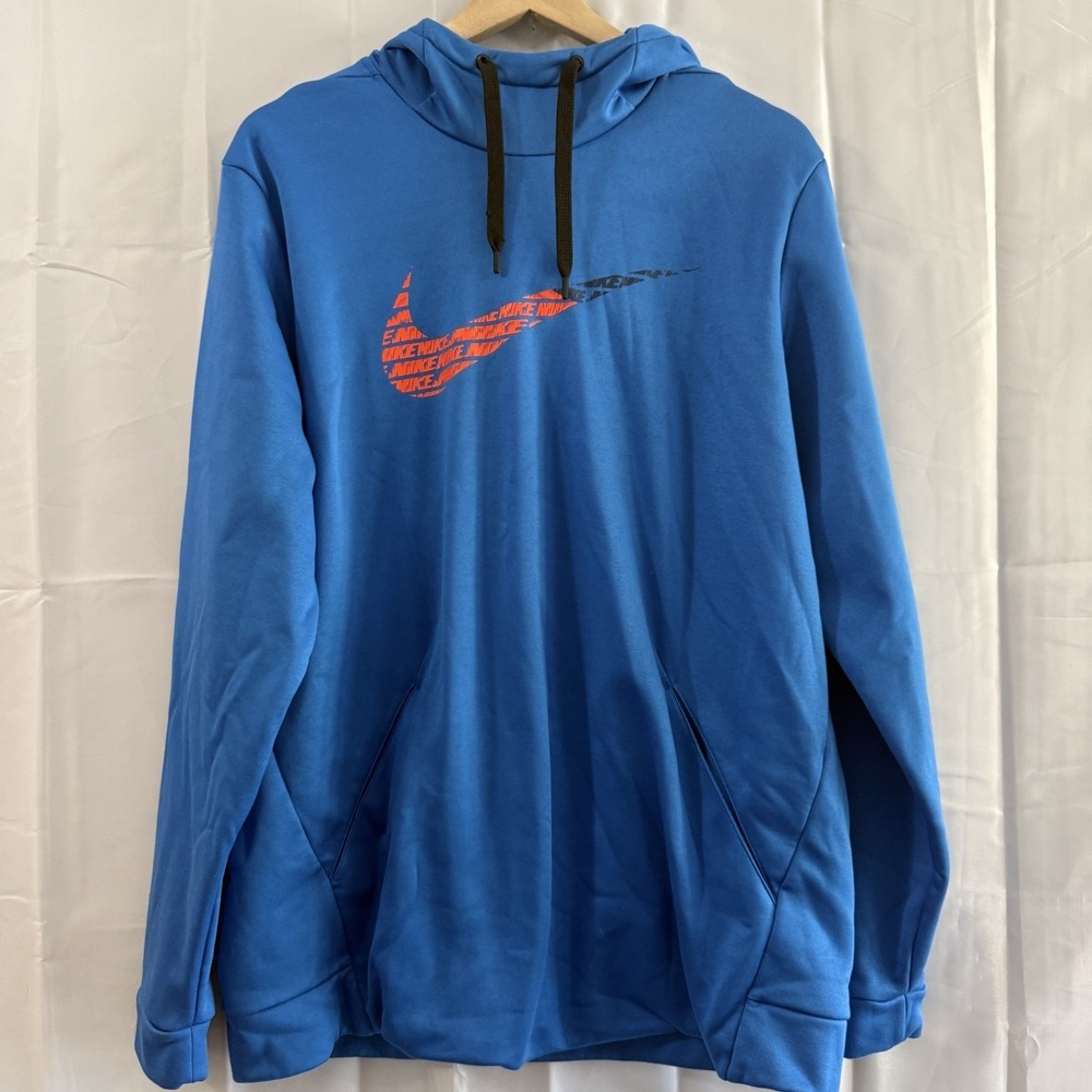 Nike Hoodie Mens Blue Orange Dri-Fit Sweatshirt Swoosh‎ Pullover Athletic L